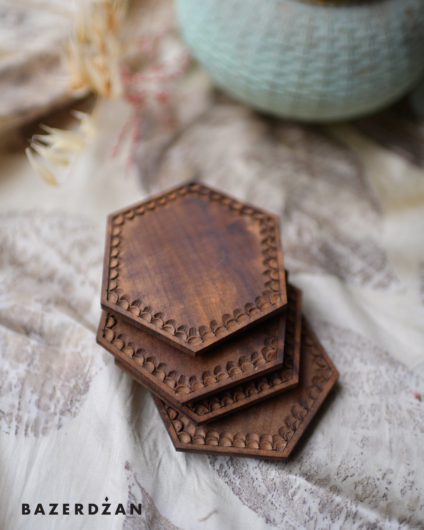 Hand Carved Wooden Coasters Set