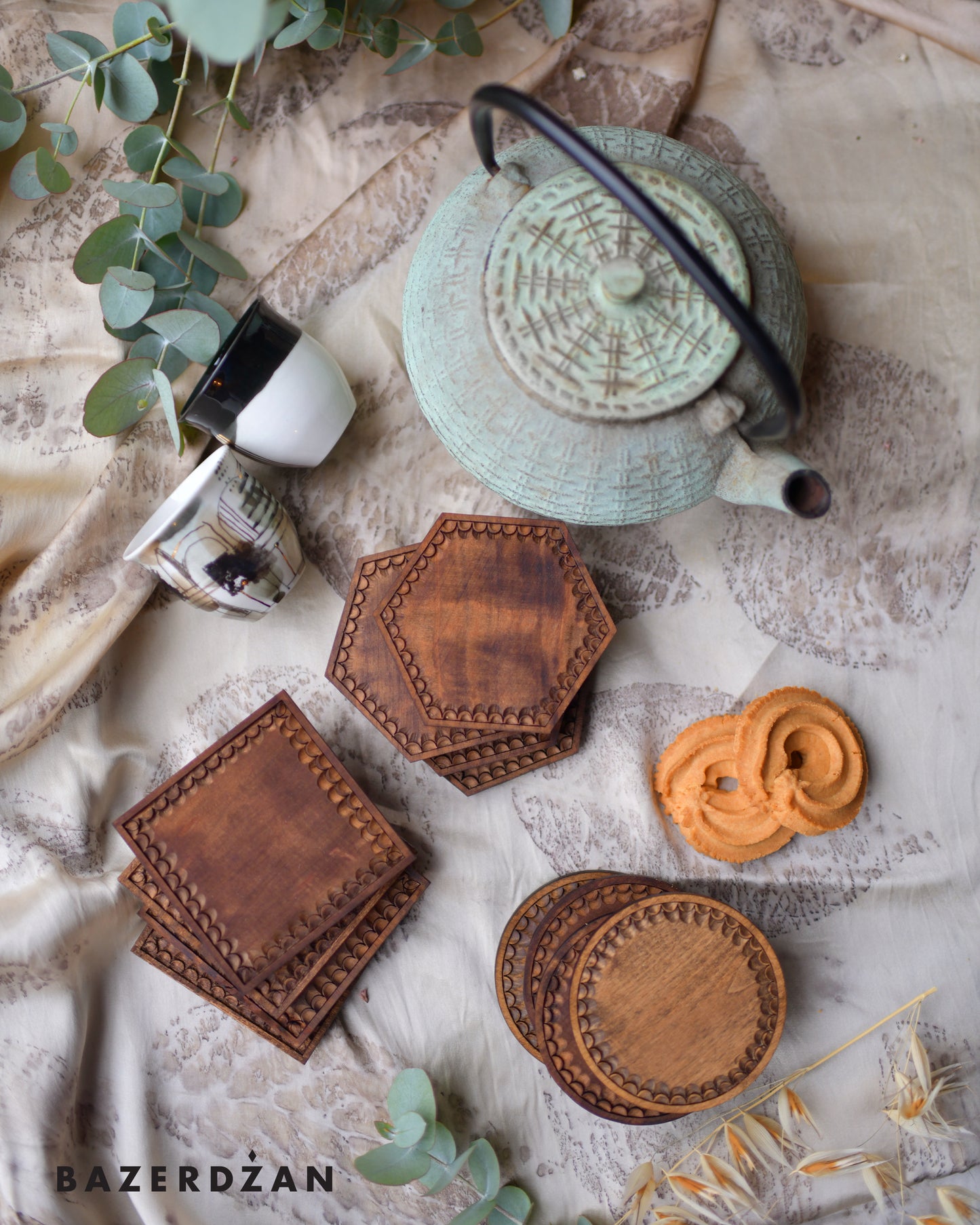 Hand Carved Wooden Coasters Set